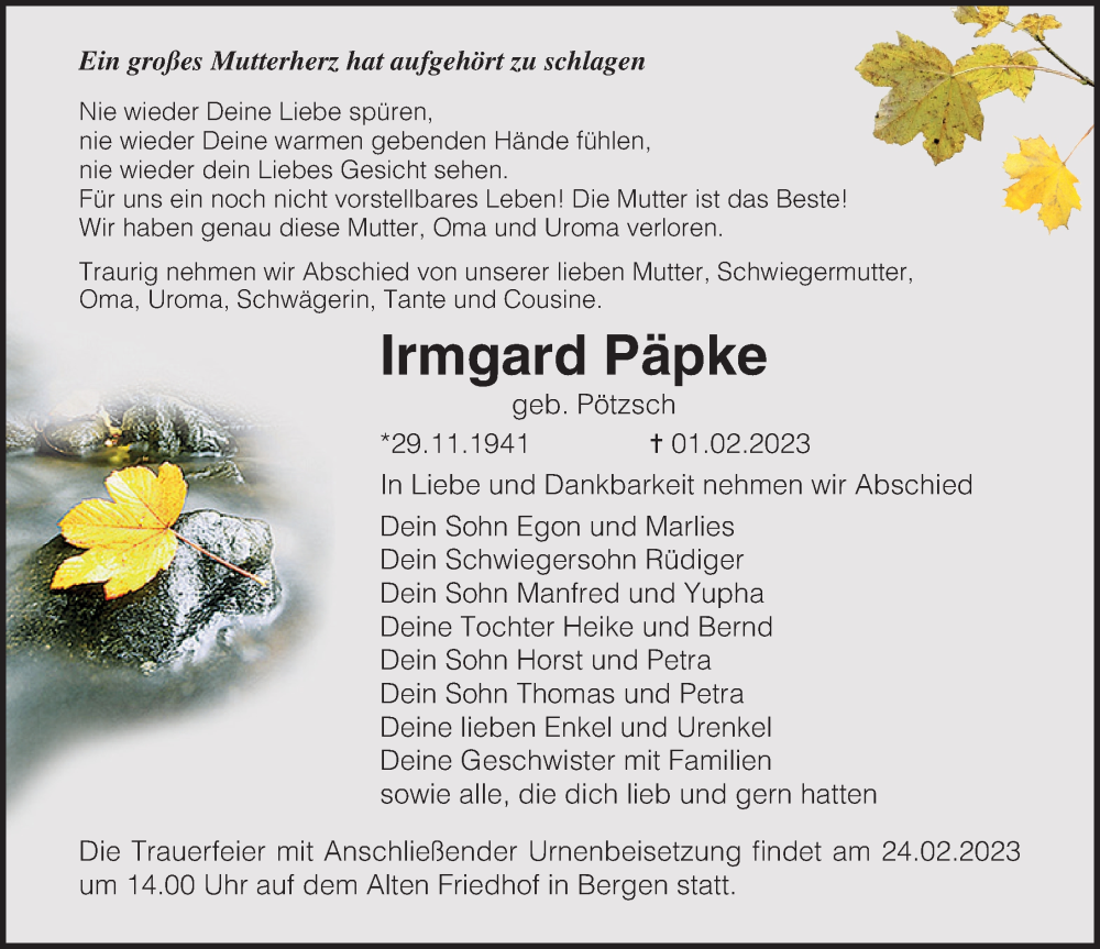  Traueranzeige für Irmgard Päpke vom 11.02.2023 aus Ostsee-Zeitung GmbH