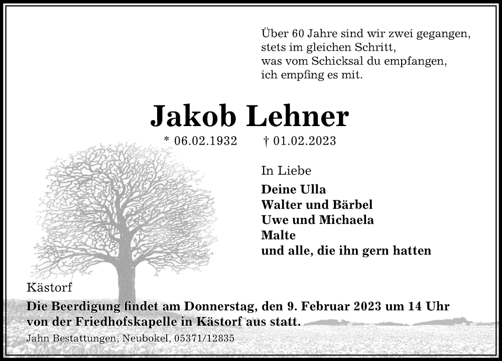  Traueranzeige für Jakob Lehner vom 04.02.2023 aus Aller Zeitung