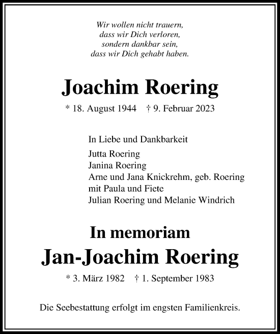 Traueranzeige von Jan-Joachim Roering von Lübecker Nachrichten