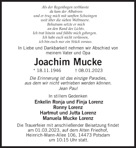 Traueranzeige von Joachim Mucke von Märkischen Allgemeine Zeitung