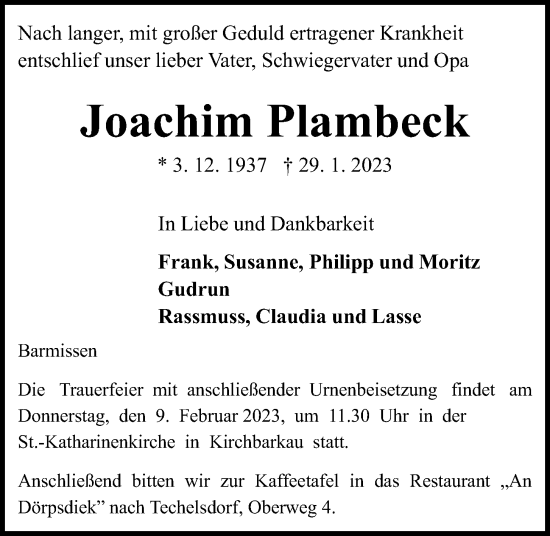Traueranzeige von Joachim Plambeck von Kieler Nachrichten