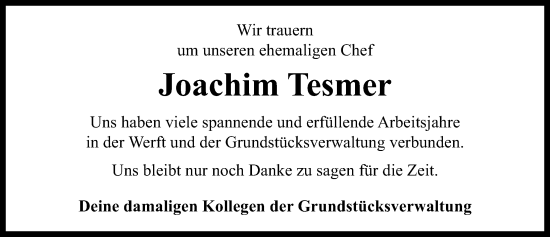 Traueranzeige von Joachim Tesmer von Ostsee-Zeitung GmbH