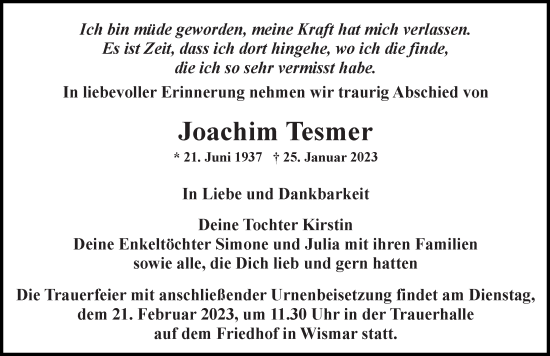 Traueranzeige von Joachim Tesmer von Ostsee-Zeitung GmbH