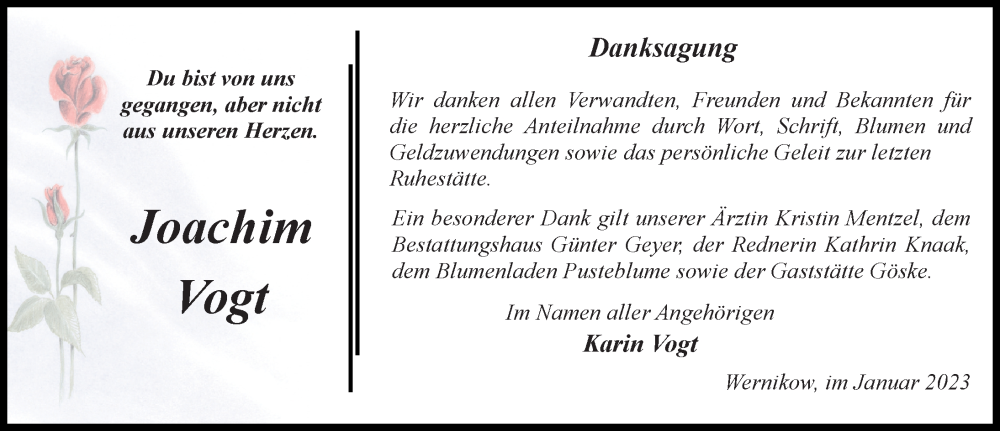  Traueranzeige für Joachim Vogt vom 04.02.2023 aus Märkischen Allgemeine Zeitung