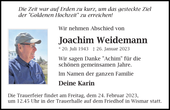 Traueranzeige von Joachim Weidemann von Ostsee-Zeitung GmbH