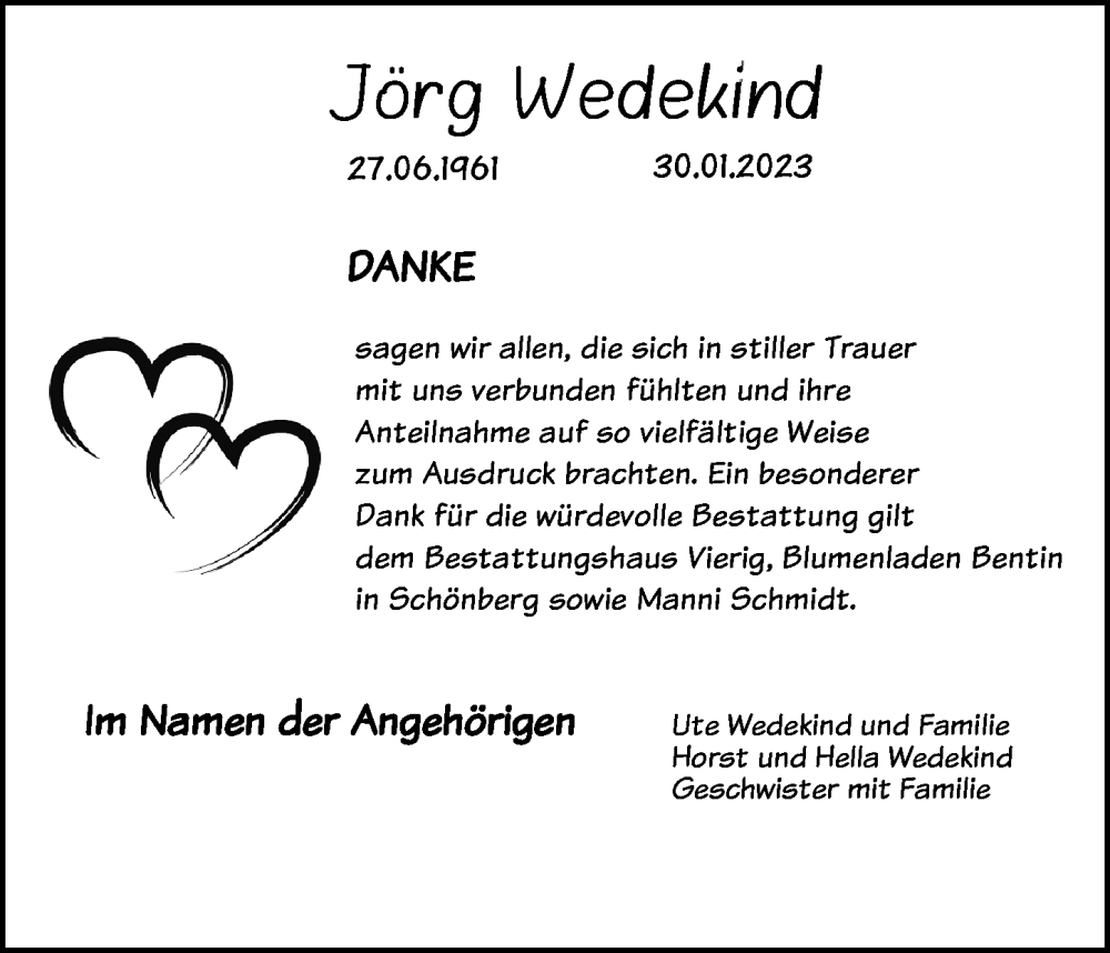  Traueranzeige für Jörg Wedekind vom 28.02.2023 aus Ostsee-Zeitung GmbH