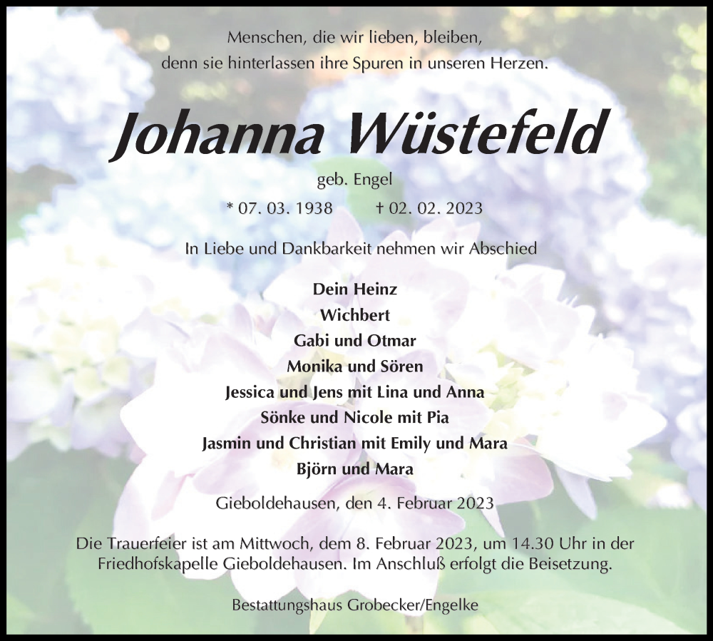  Traueranzeige für Johanna Wüstefeld vom 04.02.2023 aus Eichsfelder Tageblatt