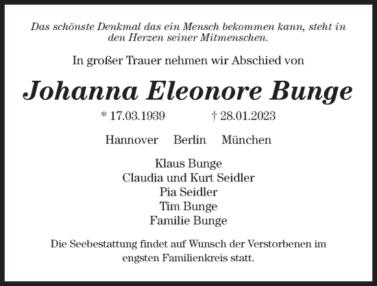 Traueranzeige von Johanna Eleonore Bunge von Hannoversche Allgemeine Zeitung/Neue Presse