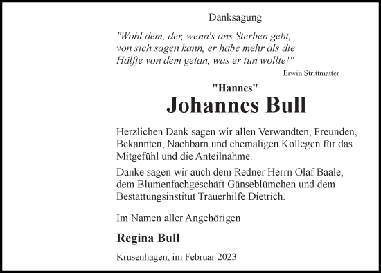 Traueranzeige von Johannes Bull von Ostsee-Zeitung GmbH