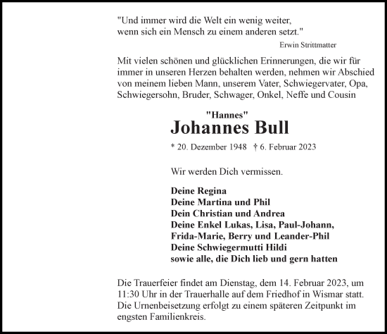 Traueranzeige von Johannes Bull von Ostsee-Zeitung GmbH