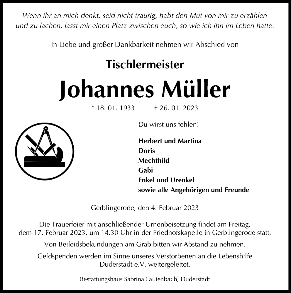  Traueranzeige für Johannes Müller vom 04.02.2023 aus Eichsfelder Tageblatt