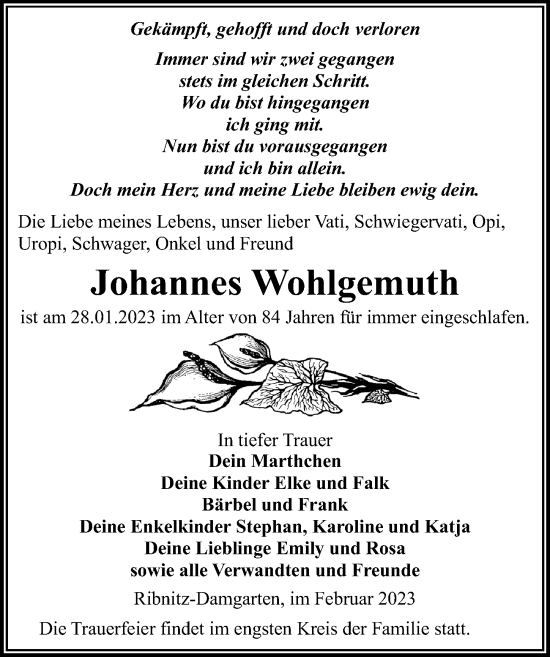 Traueranzeige von Johannes Wohlgemuth von Ostsee-Zeitung GmbH