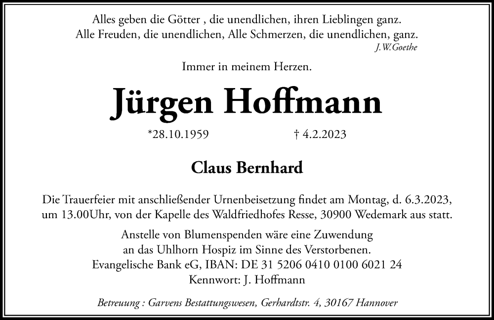 Traueranzeige für Jürgen Hoffmann vom 18.02.2023 aus Hannoversche Allgemeine Zeitung/Neue Presse