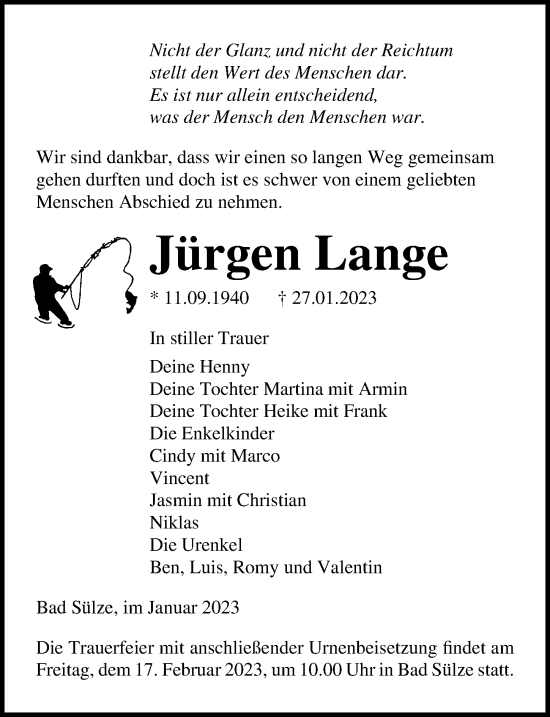 Traueranzeige von Jürgen Lange von Ostsee-Zeitung GmbH