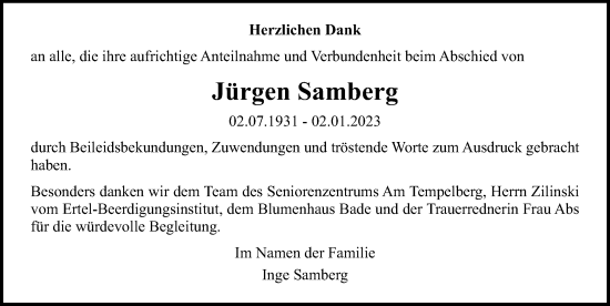 Traueranzeige von Jürgen Samberg von Ostsee-Zeitung GmbH