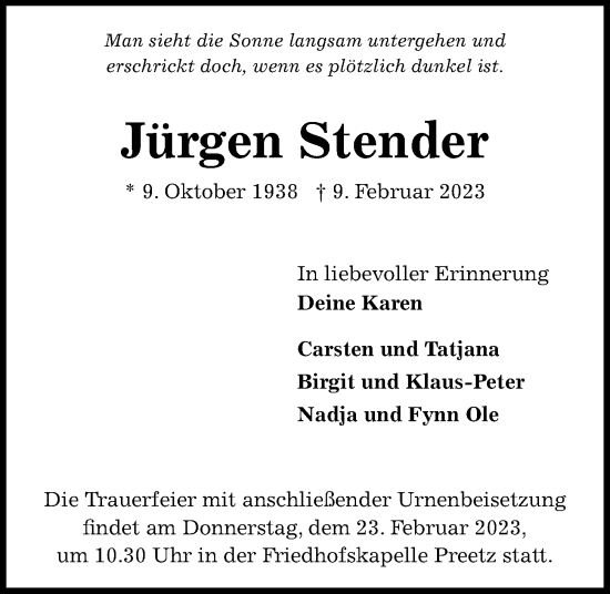 Traueranzeige von Jürgen Stender von Kieler Nachrichten