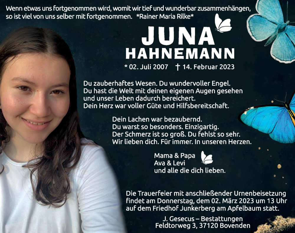  Traueranzeige für Juna Hahnemann vom 25.02.2023 aus Göttinger Tageblatt