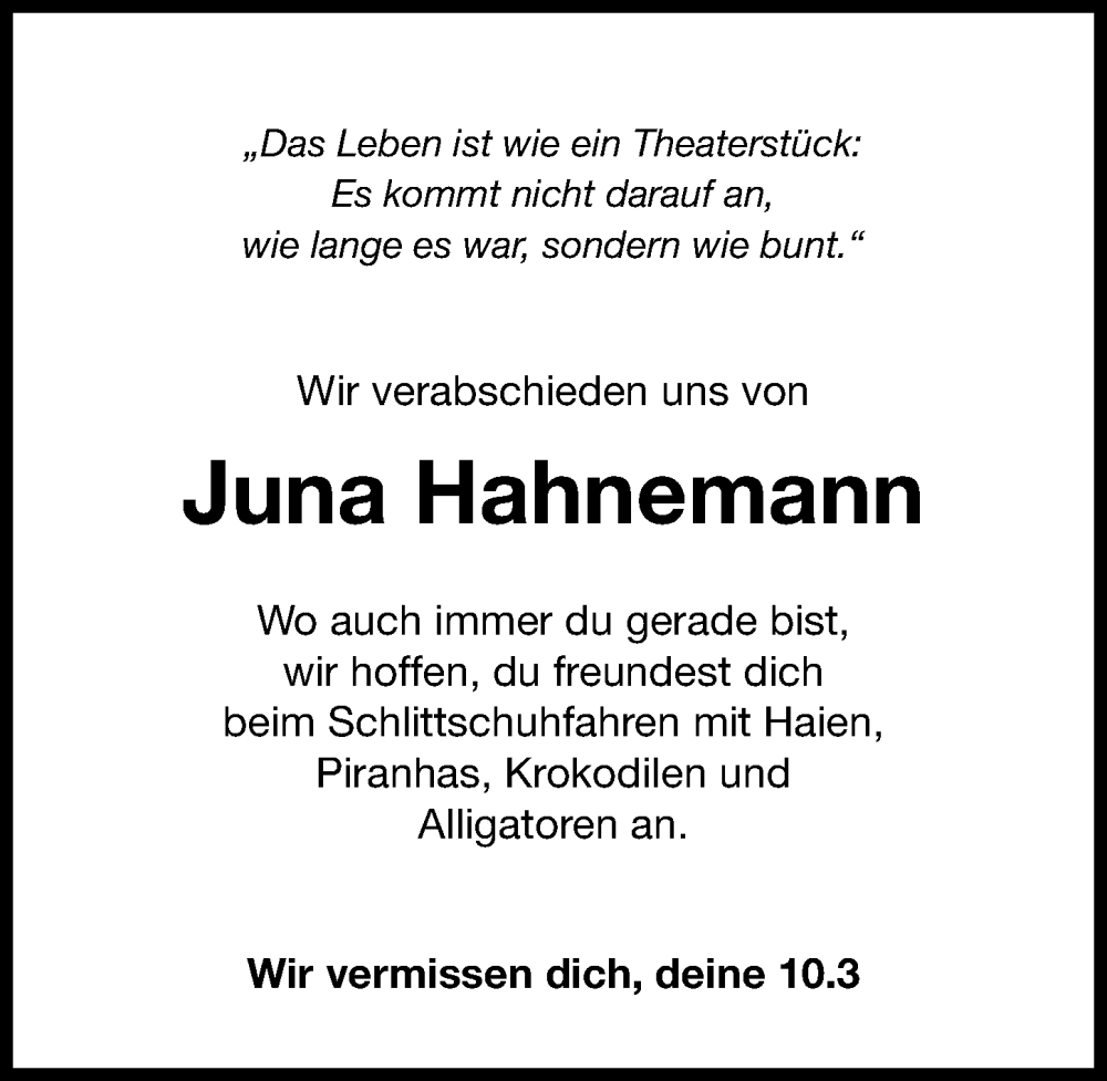  Traueranzeige für Juna Hahnemann vom 27.02.2023 aus Göttinger Tageblatt