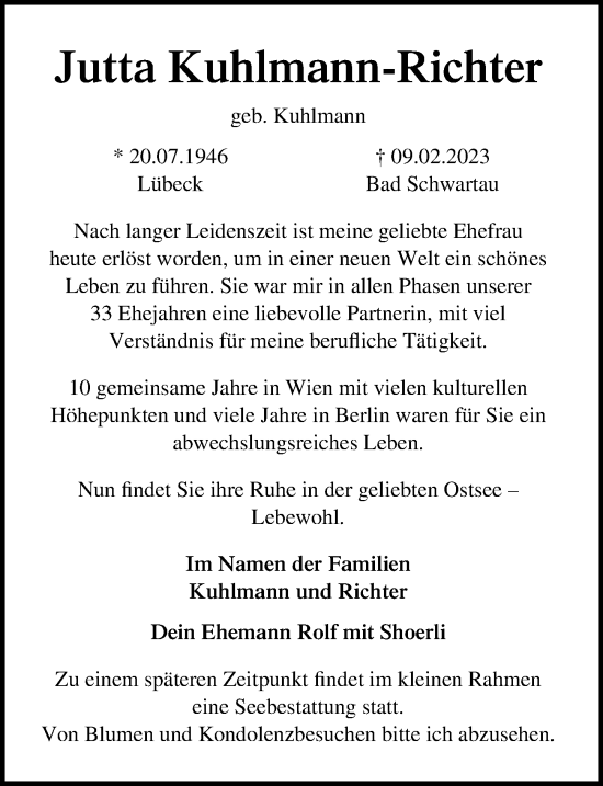 Traueranzeige von Jutta Kuhlmann-Richter von Lübecker Nachrichten