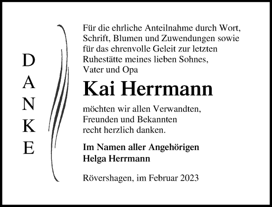 Traueranzeige von Kai Herrmann von Ostsee-Zeitung GmbH