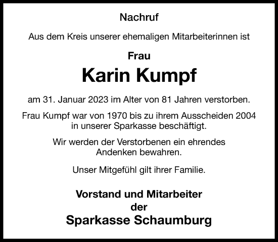 Traueranzeige von Karin Kumpf von Schaumburger Nachrichten