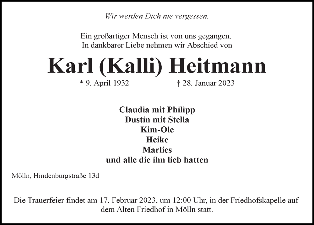 Traueranzeige für Karl  Heftmann vom 04.02.2023 aus Lübecker Nachrichten