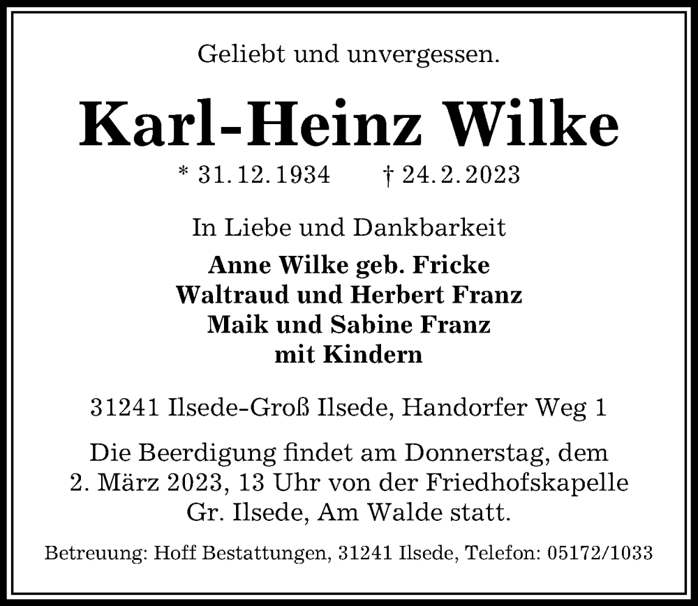  Traueranzeige für Karl-Heinz Wilke vom 28.02.2023 aus Peiner Allgemeine Zeitung