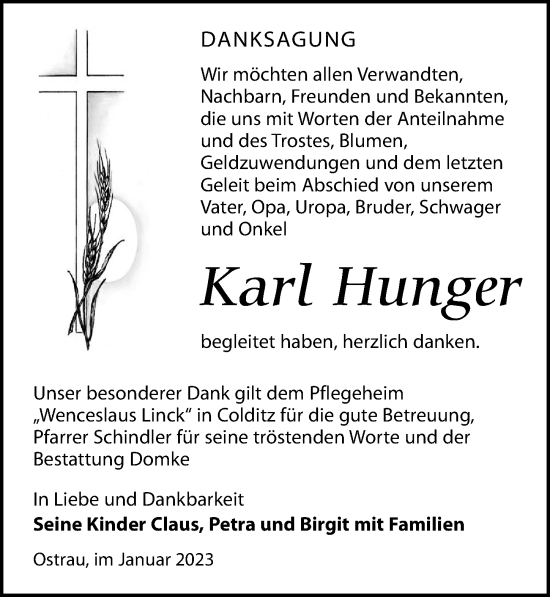 Traueranzeige von Karl Hunger von Leipziger Volkszeitung