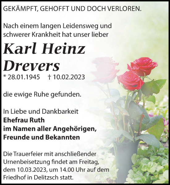 Traueranzeige von Karl Heinz Drevers von Leipziger Volkszeitung