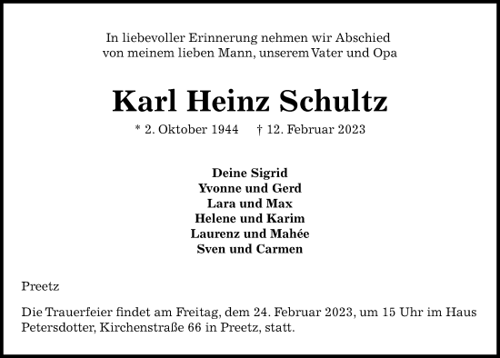 Traueranzeige von Karl Heinz Schultz von Kieler Nachrichten