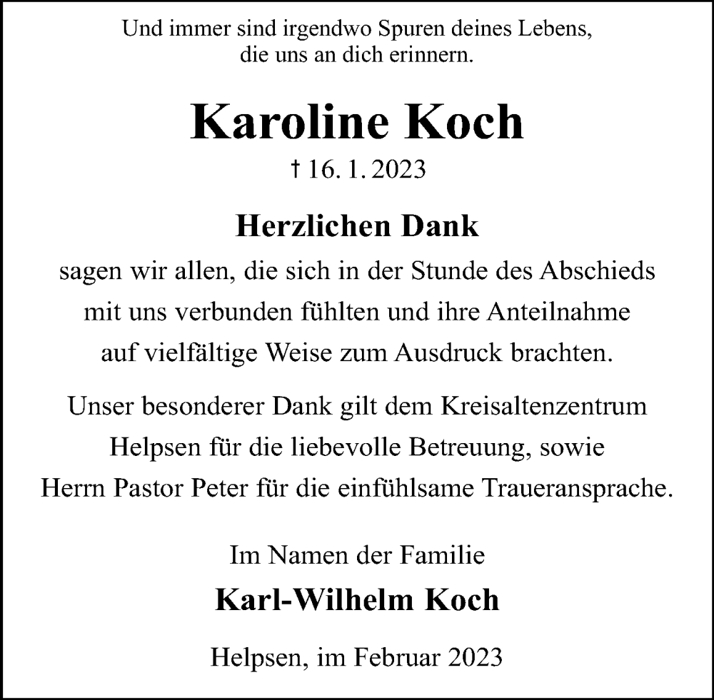  Traueranzeige für Karoline Koch vom 11.02.2023 aus Schaumburger Nachrichten
