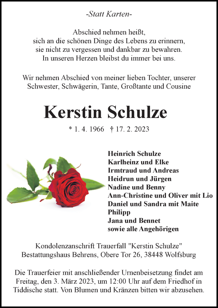  Traueranzeige für Kerstin Schulze vom 25.02.2023 aus Aller Zeitung