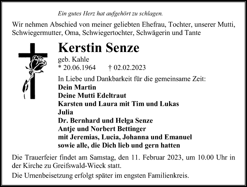  Traueranzeige für Kerstin Senze vom 07.02.2023 aus Ostsee-Zeitung GmbH