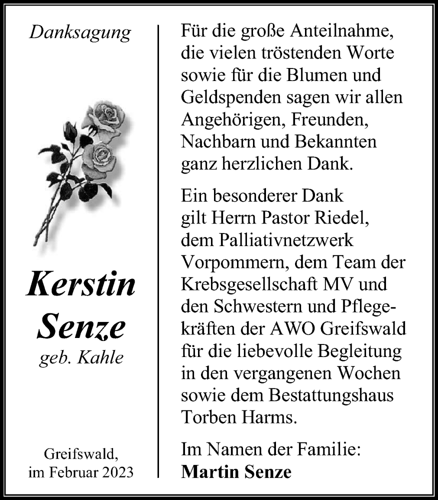  Traueranzeige für Kerstin Senze vom 25.02.2023 aus Ostsee-Zeitung GmbH