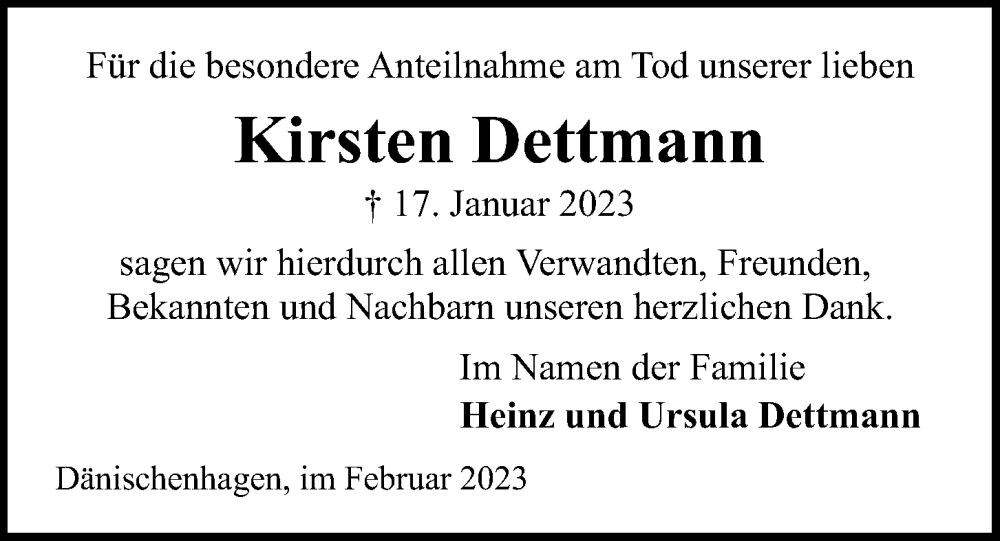  Traueranzeige für Kirsten Dettmann vom 04.02.2023 aus Kieler Nachrichten