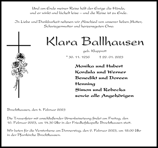 Traueranzeige von Klara Ballhausen von Eichsfelder Tageblatt