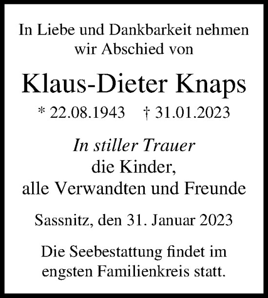 Traueranzeige von Klaus-Dieter Knaps von Ostsee-Zeitung GmbH