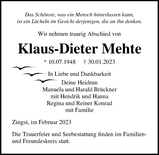Traueranzeige von Klaus-Dieter Mehte von Ostsee-Zeitung GmbH