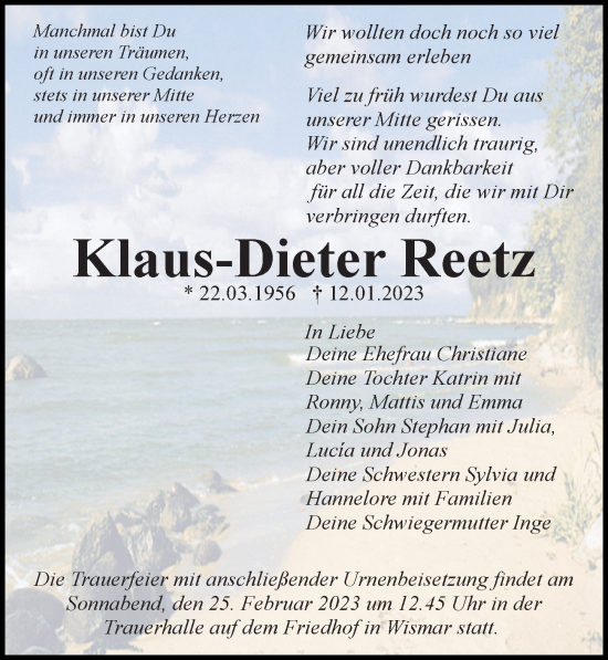 Traueranzeige von Klaus-Dieter Reetz von Ostsee-Zeitung GmbH