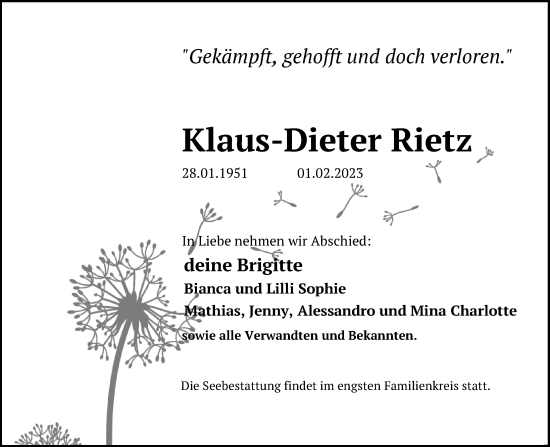 Traueranzeige von Klaus-Dieter Rietz von Ostsee-Zeitung GmbH