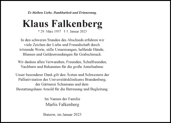 Traueranzeige von Klaus Falkenberg von Märkischen Allgemeine Zeitung