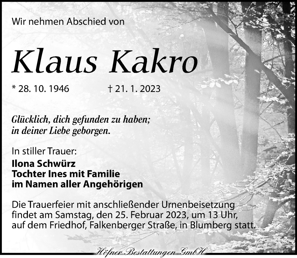  Traueranzeige für Klaus Kakro vom 04.02.2023 aus Torgauer Zeitung