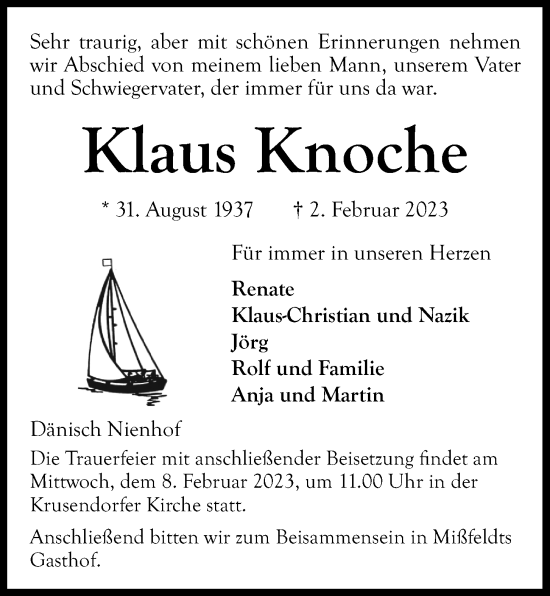 Traueranzeige von Klaus Knoche von Kieler Nachrichten