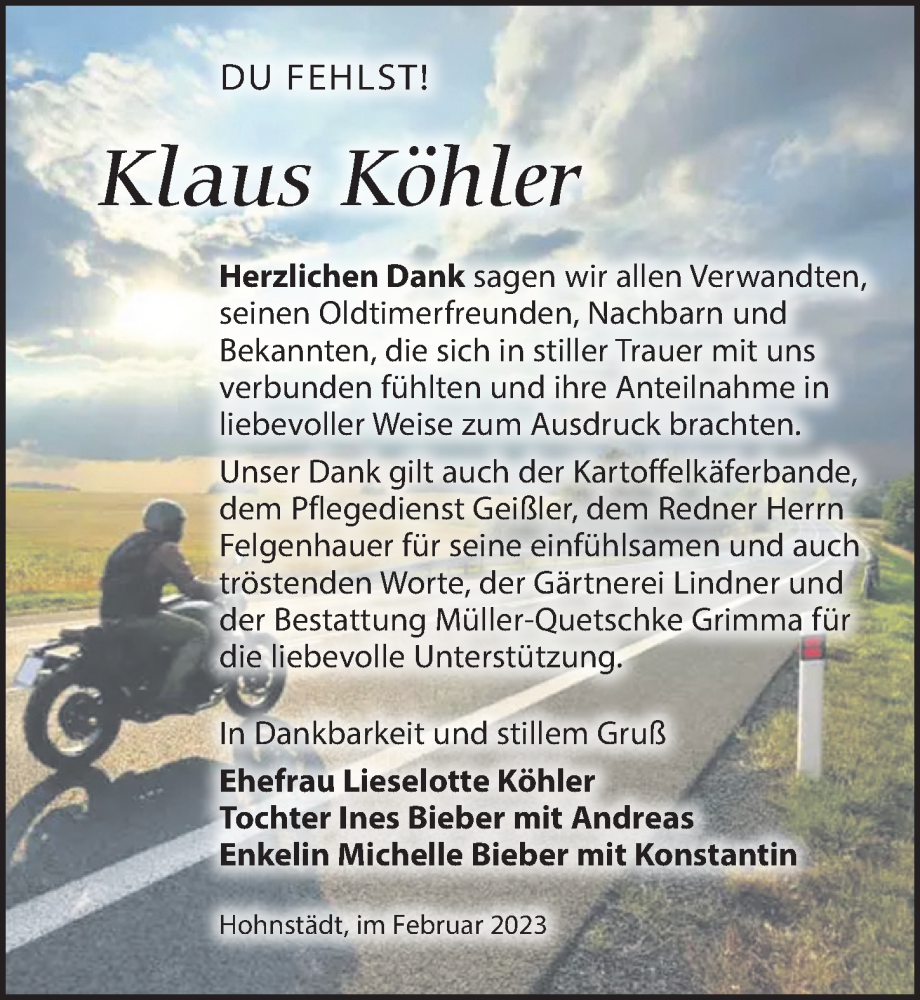 Traueranzeige für Klaus Köhler vom 25.02.2023 aus Leipziger Volkszeitung