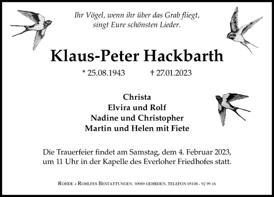 Traueranzeige von Klaus-Peter Hackbarth von Hannoversche Allgemeine Zeitung/Neue Presse
