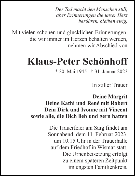 Traueranzeige von Klaus-Peter Schönhoff von Ostsee-Zeitung GmbH