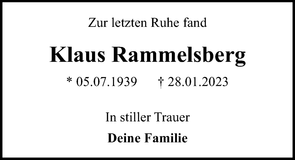  Traueranzeige für Klaus Rammelsberg vom 05.02.2023 aus Lübecker Nachrichten
