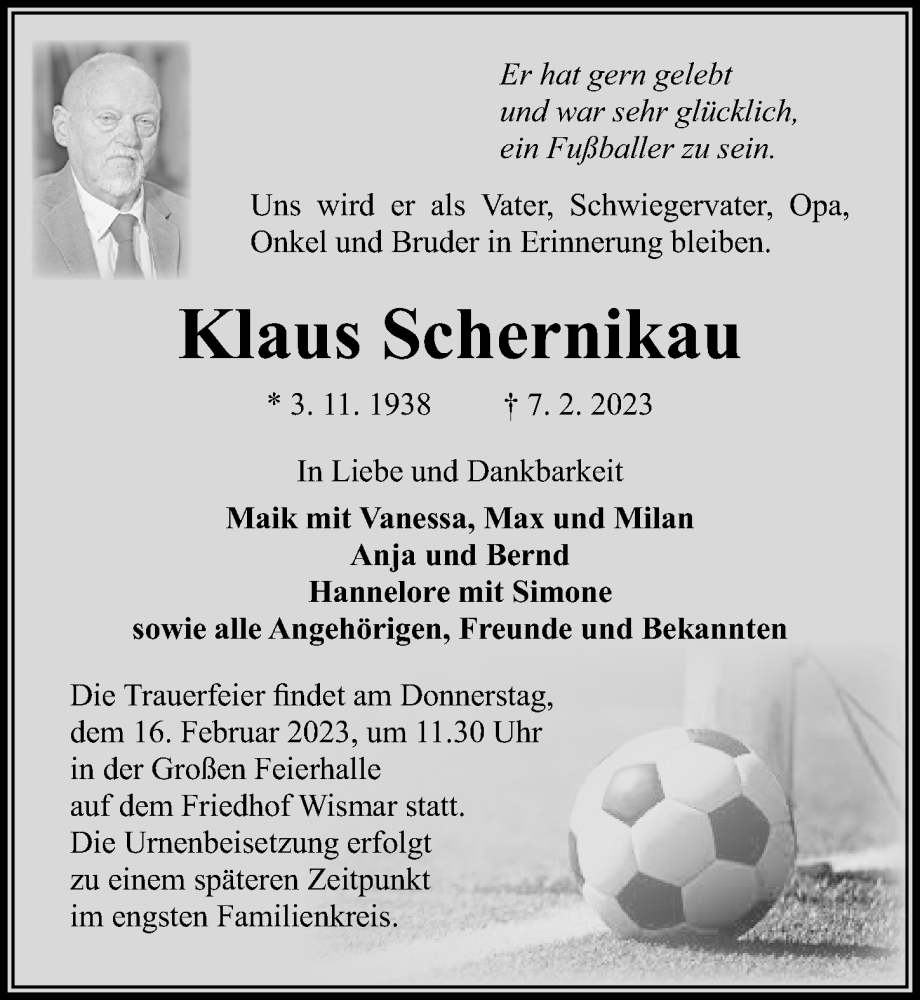  Traueranzeige für Klaus Schernikau vom 11.02.2023 aus Ostsee-Zeitung GmbH