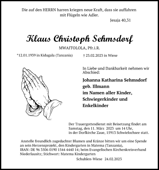 Traueranzeige von Klaus Christoph Sehmsdorf von Ostsee-Zeitung GmbH