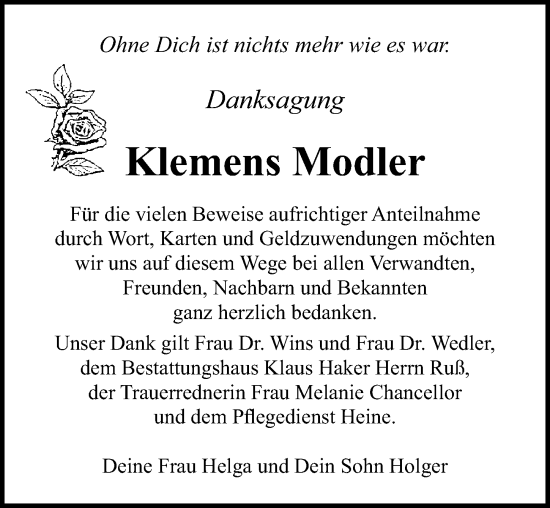 Traueranzeige von Klemens Modler von Ostsee-Zeitung GmbH